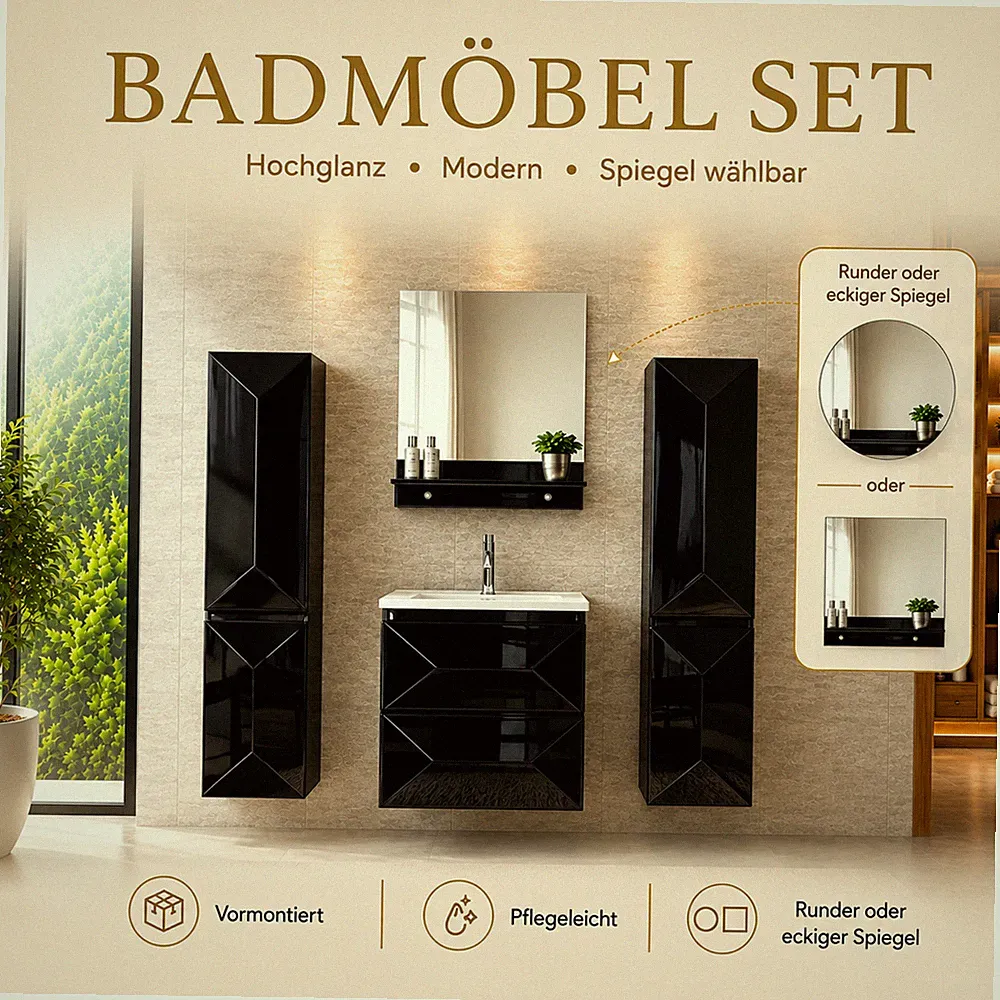 Faizee Home Miran Badmöbel Set 60/90 cm Schwarz Waschbecken Spiegel Schrank