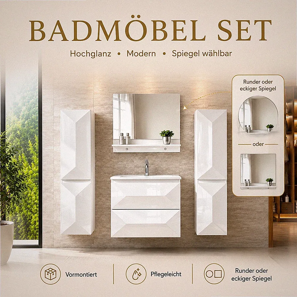 Faizee Home Miran Badmöbel Set 60/90 cm Weiß Waschbecken Spiegel Schrank