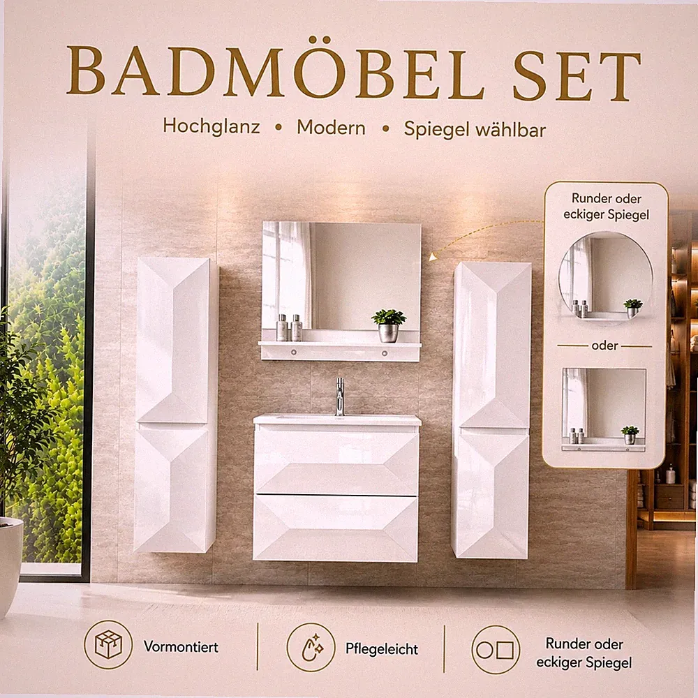 Faizee Home Miran Badmöbel Set 60/90 cm Weiß Waschbecken Spiegel Schrank