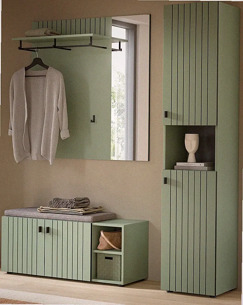 Flur Garderobe komplett Set Garderobenset grün Leisten Spiegel Schrank Loredo