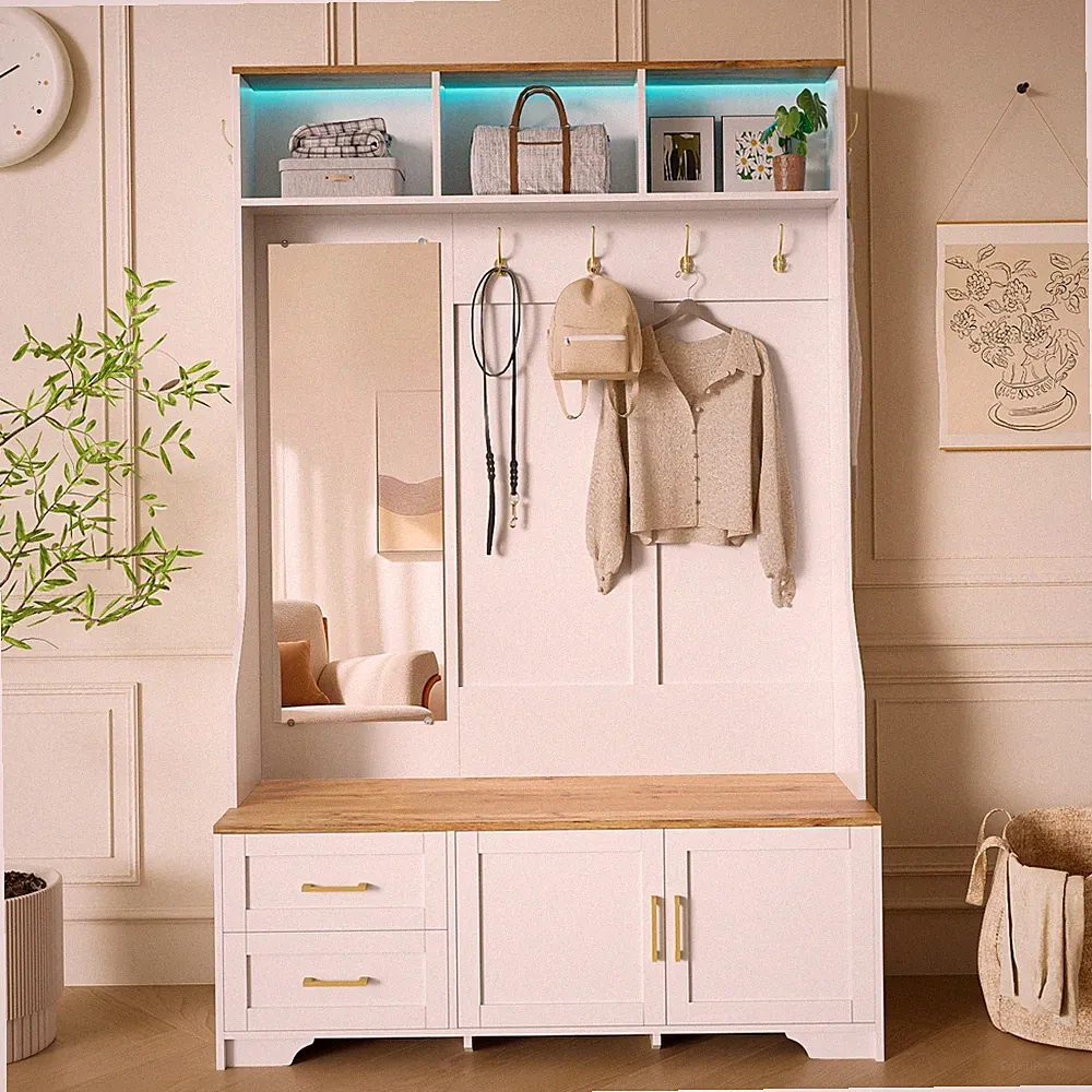Flurgarderobe Schuhschrank mit Sitzbank LED-Beleuchtung Spiegel Garderoben set