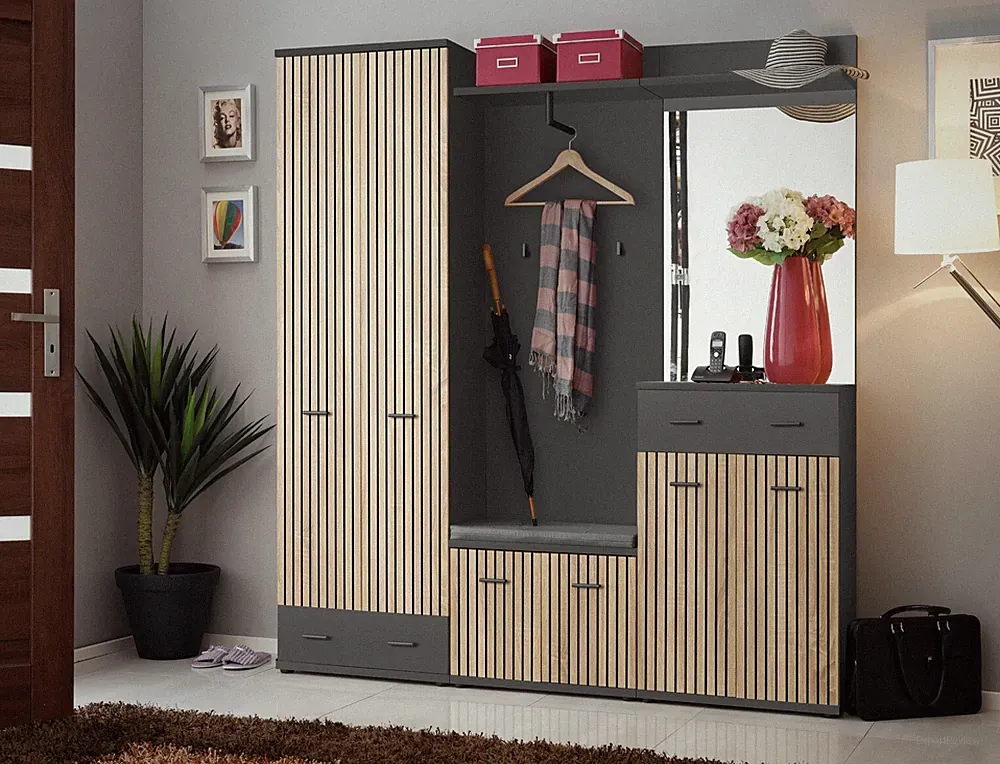Flurgarderobe Schuhschrank Wandpaneel MARCO III mit Lamellen Sitzbank Spiegel