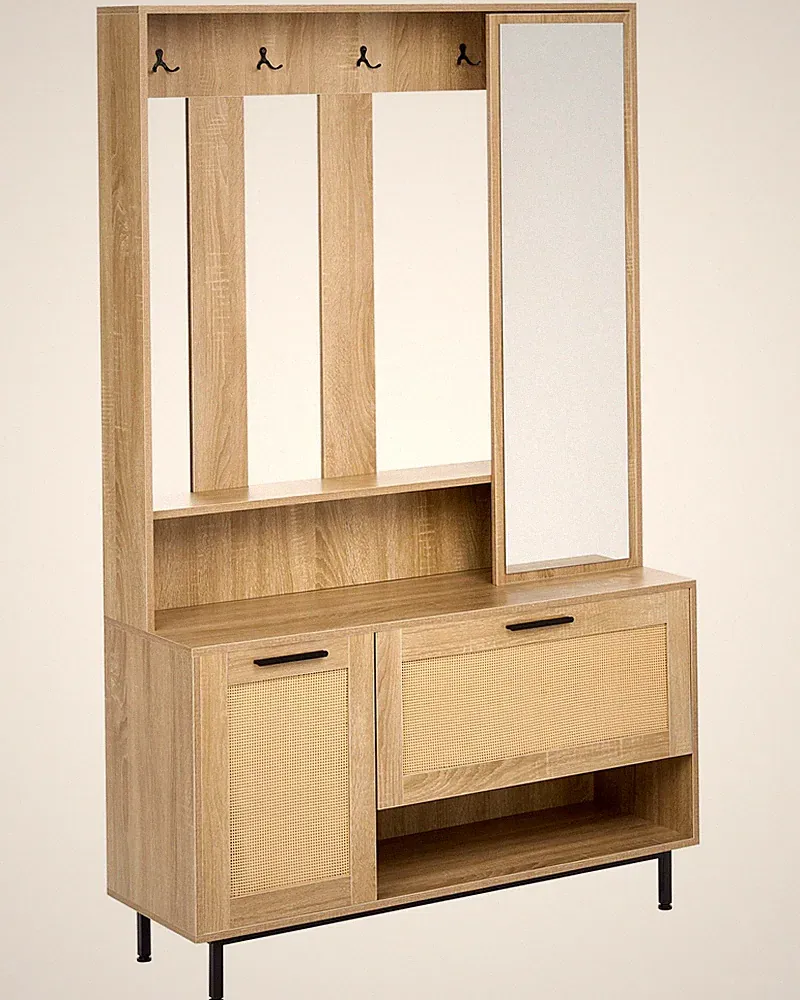 Flurschrank Set Holzoptik hellbraun mit Spiegel Haken Schuhschrank Regalböden