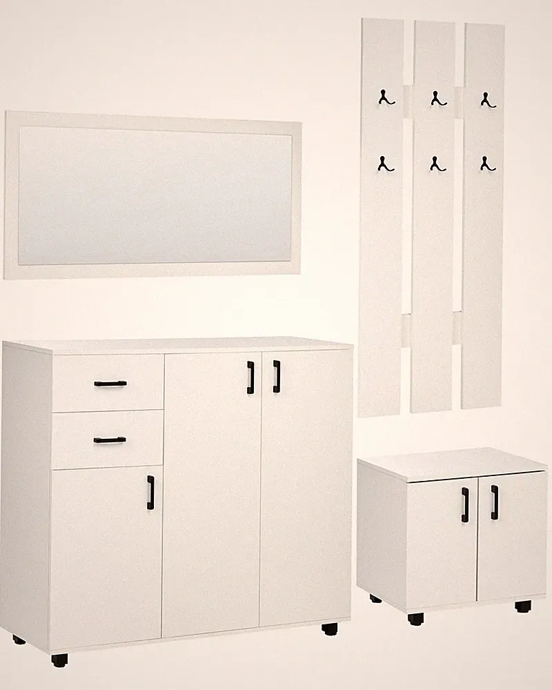 Flurschrank Set weiß mit Spiegel Haken Schuhschrank 2 Schubladen Skandi Design