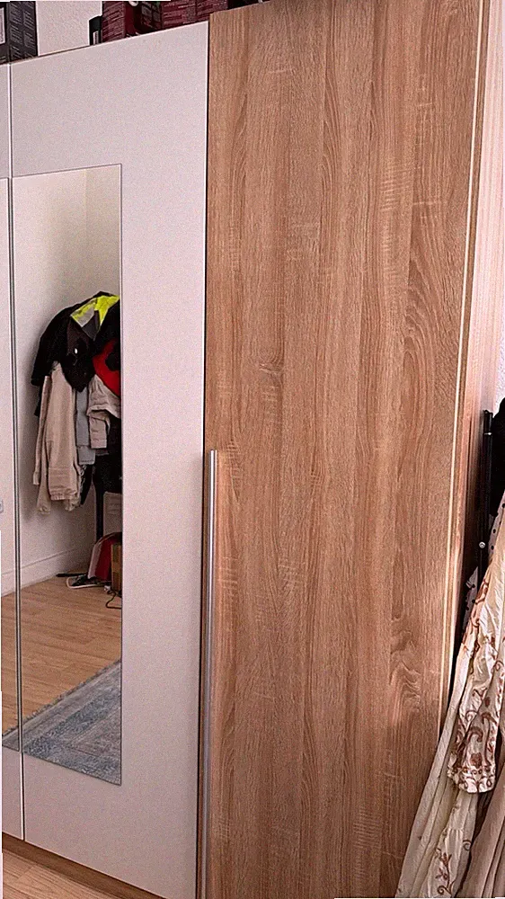 Freistehender Kleiderschrank 3-türig Weiß/Holzoptik mit Spiegel 200 cm