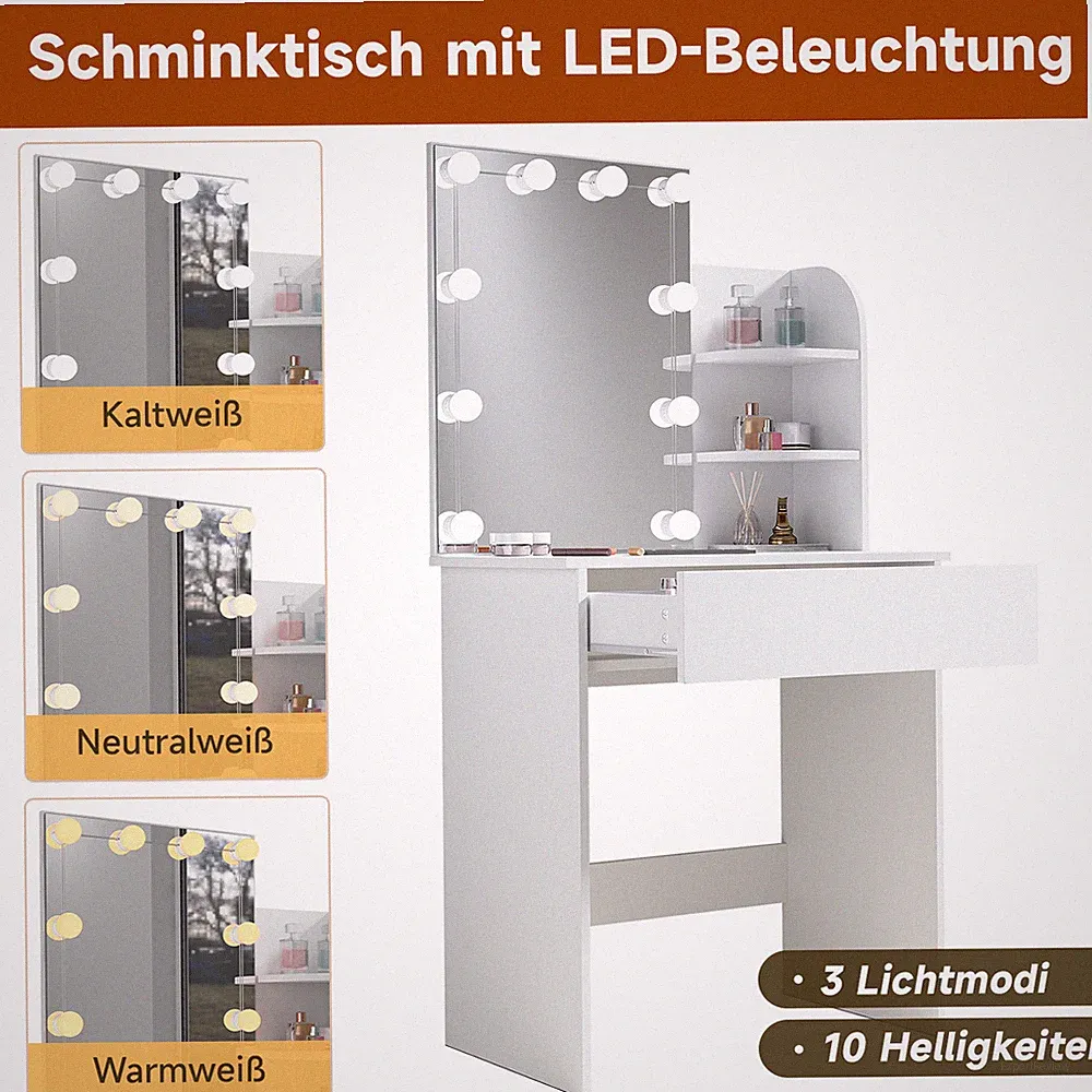 Frisiertisch Weiß 140cm Schminktisch mit LED Kosmetiktisch Tisch Frisierkommode