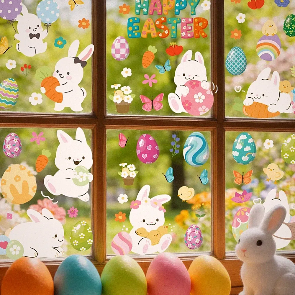 Frühlingsdeko Ostern | 9 Selbstklebende Fensterbilder mit Hasen & Eiern | Ele...