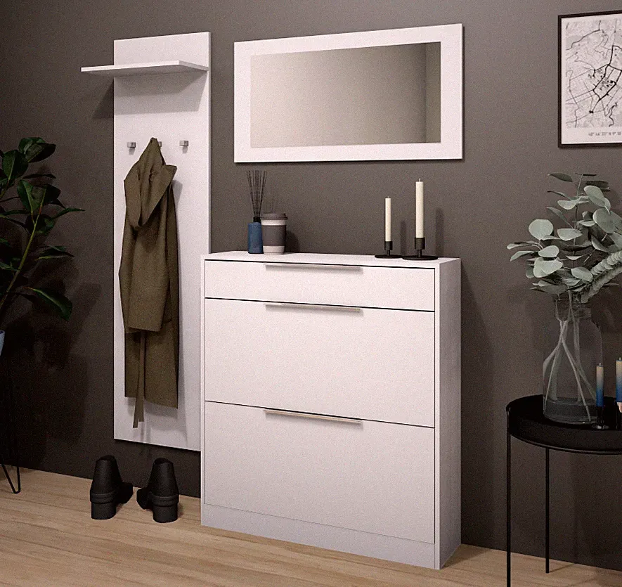 Garderobe Schuhschrank Paneel Spiegel Sparset 3teilig Weiß Glanz OLIVA BASIC 1