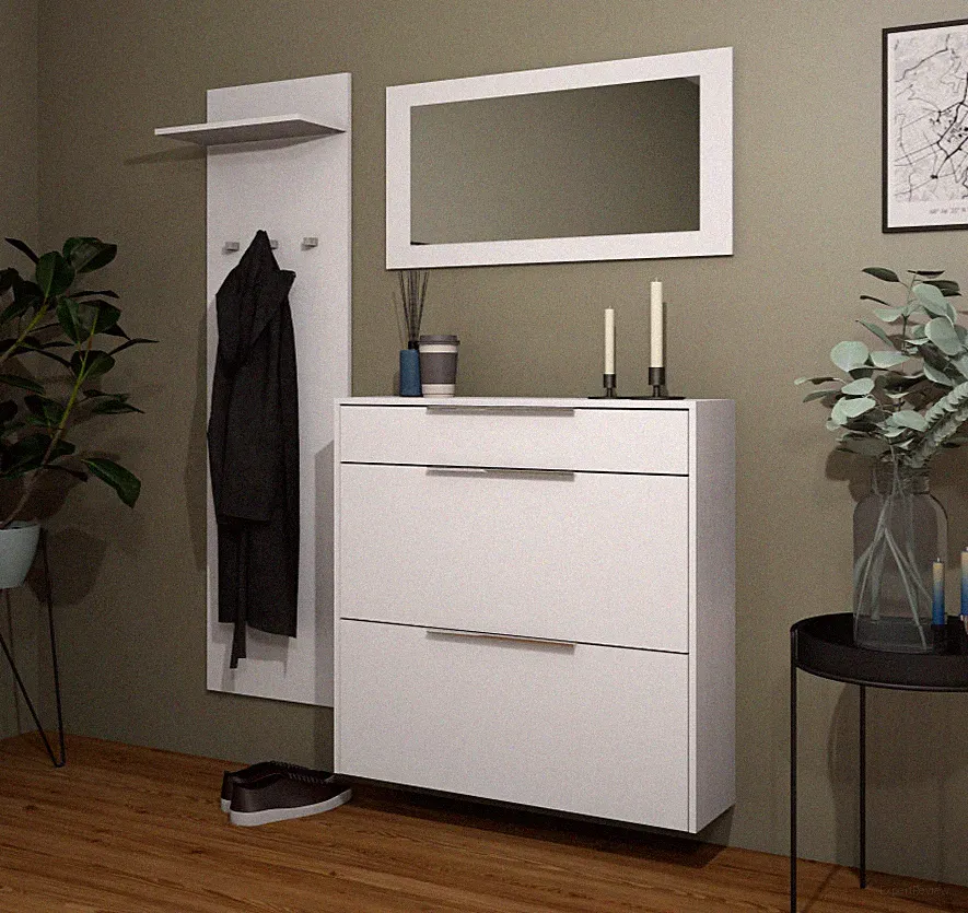 Garderobe Schuhschrank Paneel Spiegel Sparset 3teilig Weiß Glanz OLIVA BASIC 2