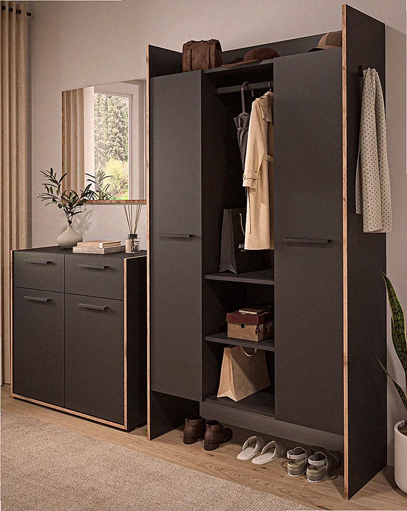 Garderobe Set Flur Garderobe 3-tlg Kommode Schuhschrank Spiegel Grau Eiche Salud