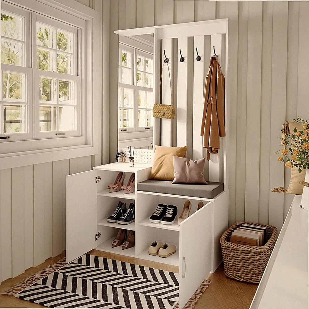 Garderobe Set Flurgarderobe mit gepolsterter Aufbewahrungsbank Schuhschrank