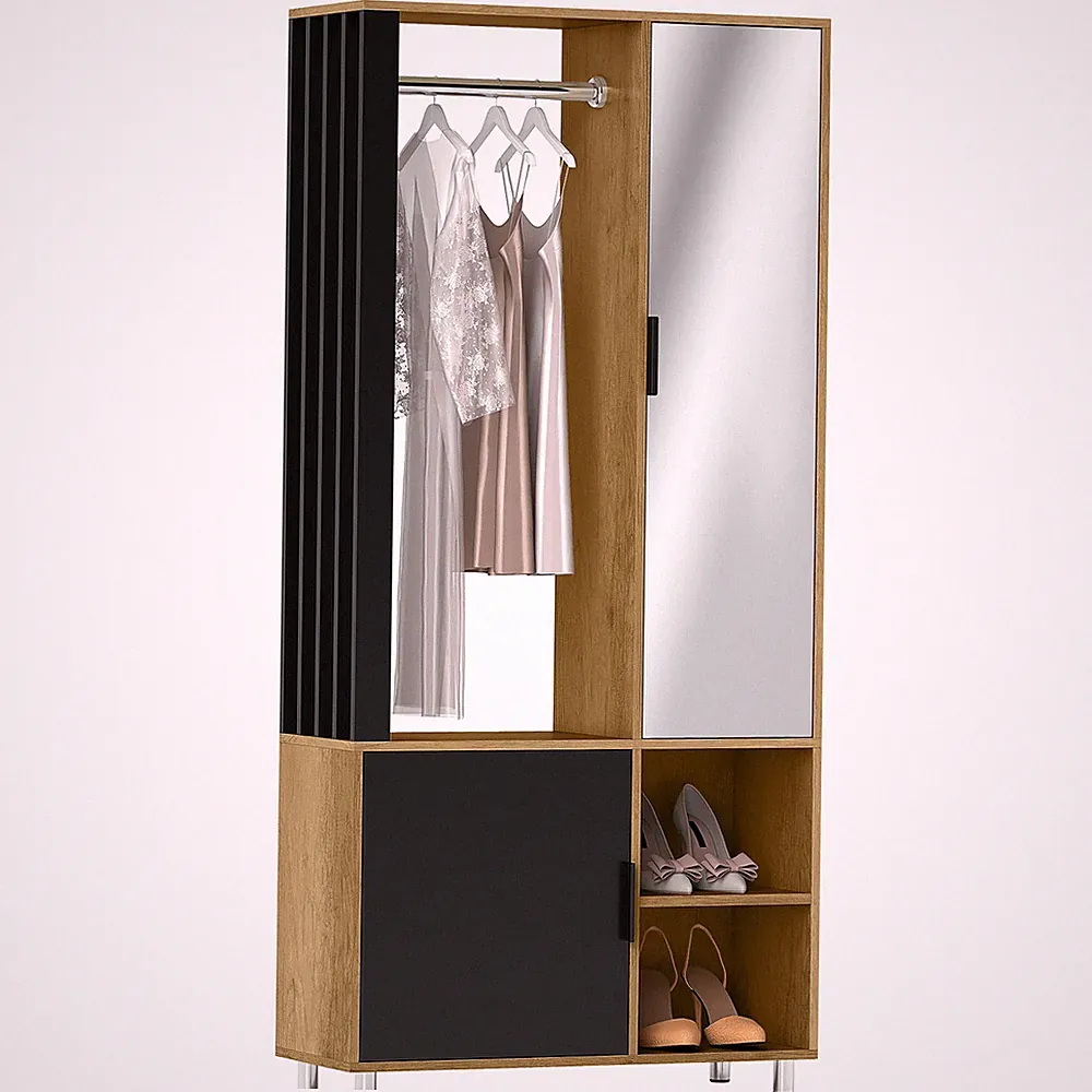 Garderobe Set mit Spiegel, Flurgarderobe mit Kleiderstange Schuhschrank Fächer