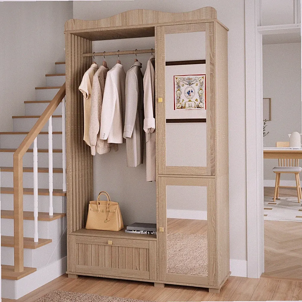 Garderobe | Spiegel Kleiderschrank mit Kleiderstange 1 Schublade 2 Tür 3 Fächer