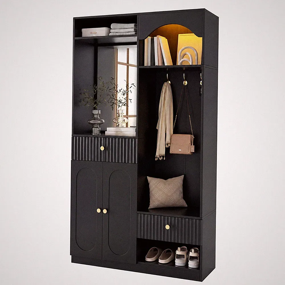 Garderoben-Set Flurschrank mit LED Licht Spiegel Sitzbank Flurgarderobe Schwarz