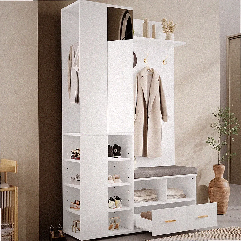 Garderoben-Set Flurschrank mit Spiegel Kleiderstange Schuhbank Regal Ablagefach