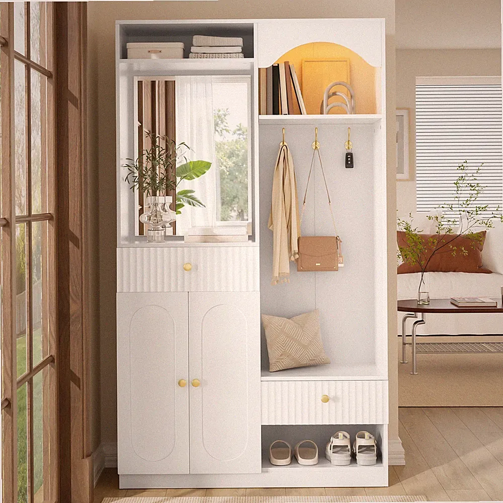 Garderoben-Set Flurschrank mit Spiegel Schuhbank Haken Sitzbank Flurgarderobe DE