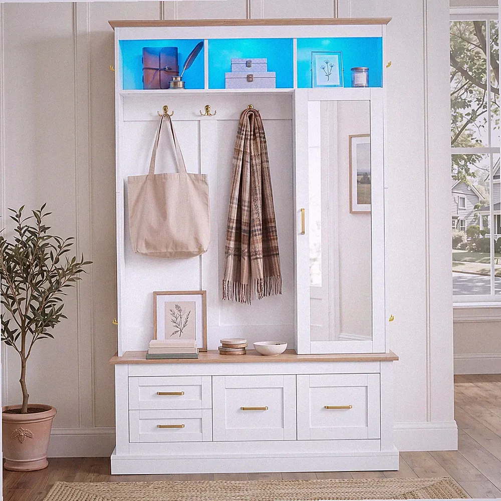 Garderoben-Set Flurschrank mit Spiegel Sitzbank Haken,LED Licht Flurgarderobe