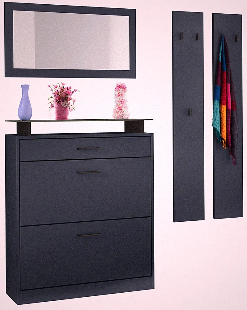 Garderoben Set für Flur Paneele Schuhschrank Spiegel Enigma Dunkel Blau Grün