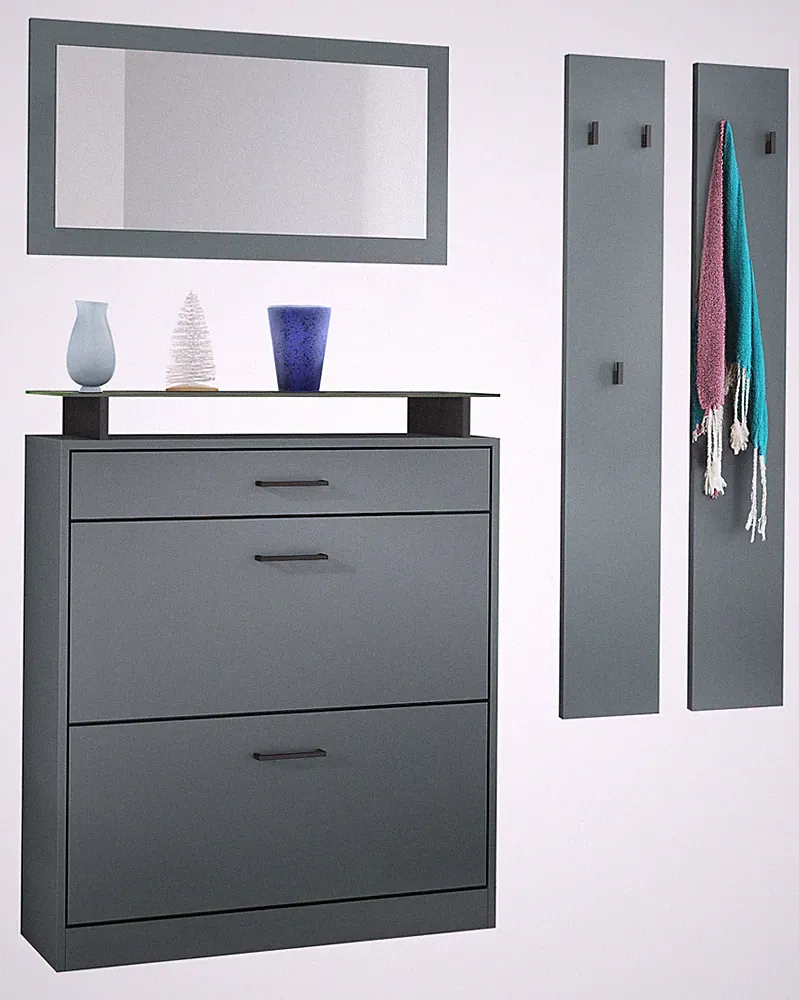 Garderoben Set für Flur Paneele Schuhschrank Spiegel Enigma Dunkel Blau Grün