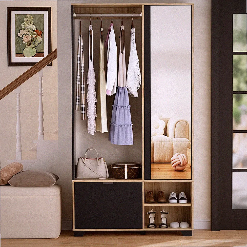 Garderoben-Set mit Spiegel, Kleiderstange,Schuhschrank und Fächer,Wandgarderobe