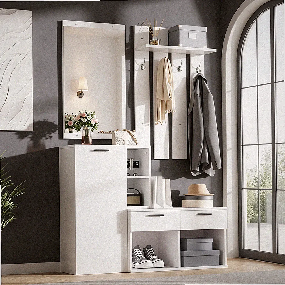 Garderoben-Set mit Spiegel Schuhbank Schuhschrank Haken Flurgarderobe Kompakt
