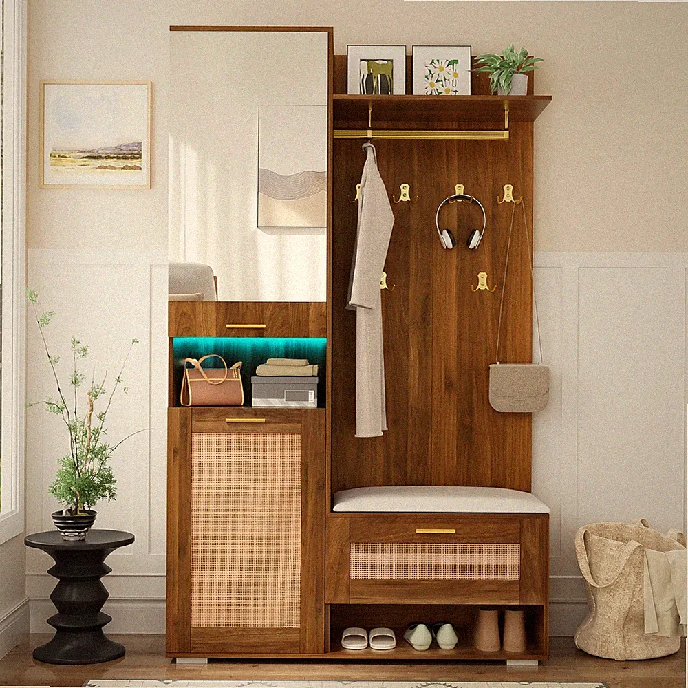 Garderoben-Set mit Spiegel Schuhbank Schuhschrank Kleiderstange Wandgarderobe
