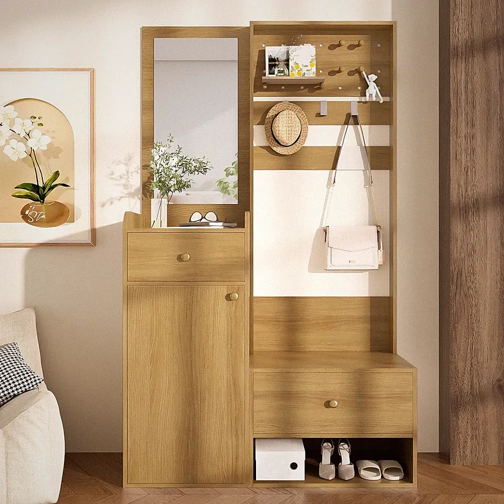 Garderoben-Set mit Spiegel Sitzbank Flurgarderobe Schuhschrank Schubladen Haken