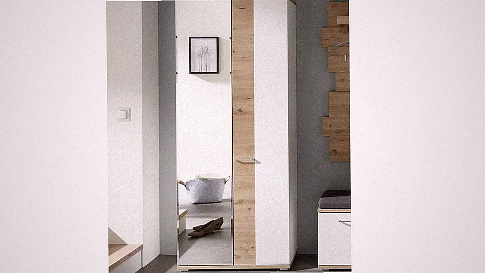 Garderobenschrank Dielenschrank Flur weiß matt Spiegel Artisan Eiche Signo