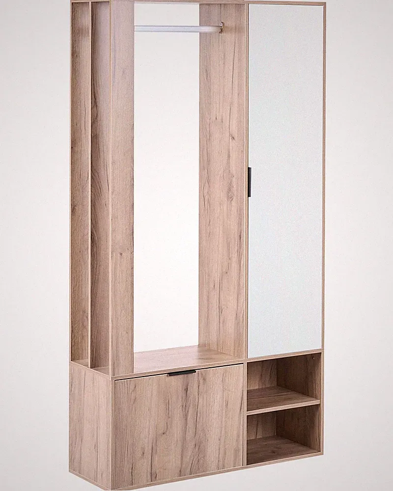 Garderobenschrank Holzoptik hellbraun mit Kleiderstange Spiegel Regalen für 8