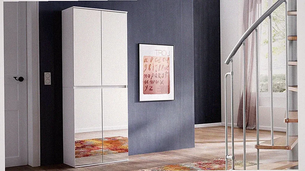 Garderobenschrank Mirror Schuhschrank 4trg weiß Melamin Spiegel Mehrzweckschrank