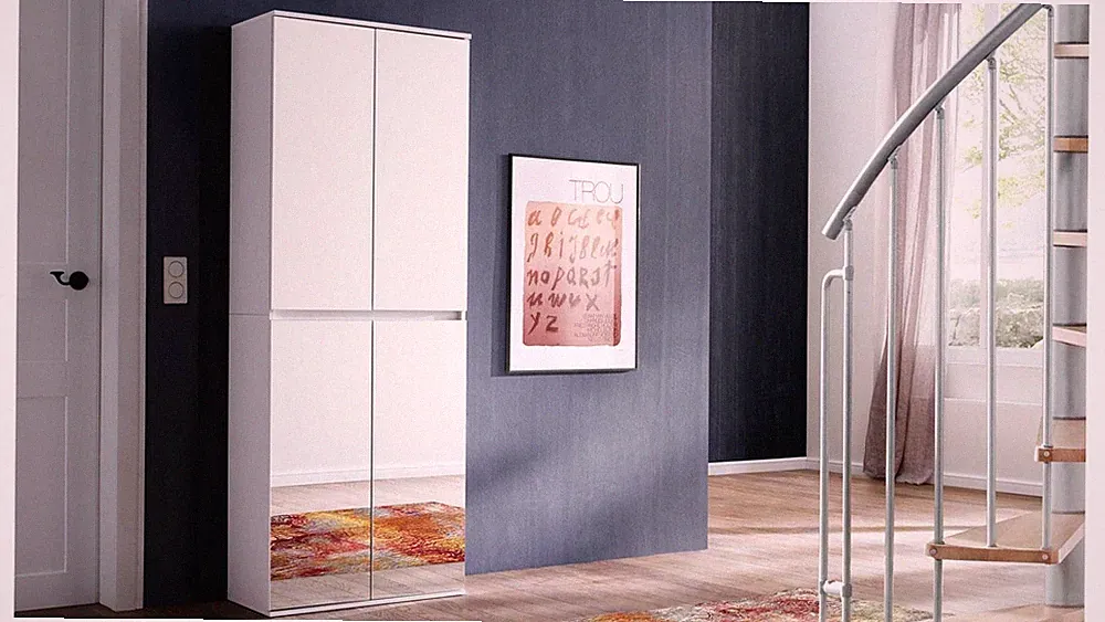 Garderobenschrank Mirror Schuhschrank 4trg weiß Melamin Spiegel Mehrzweckschrank