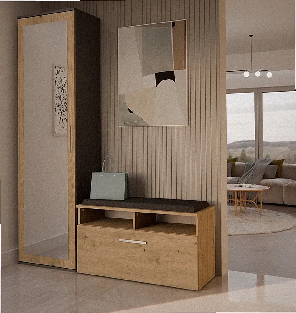 Garderobenschrank mit Spiegel 50cm Breit mit Kleiderstange Holz/Anthrazit Optik