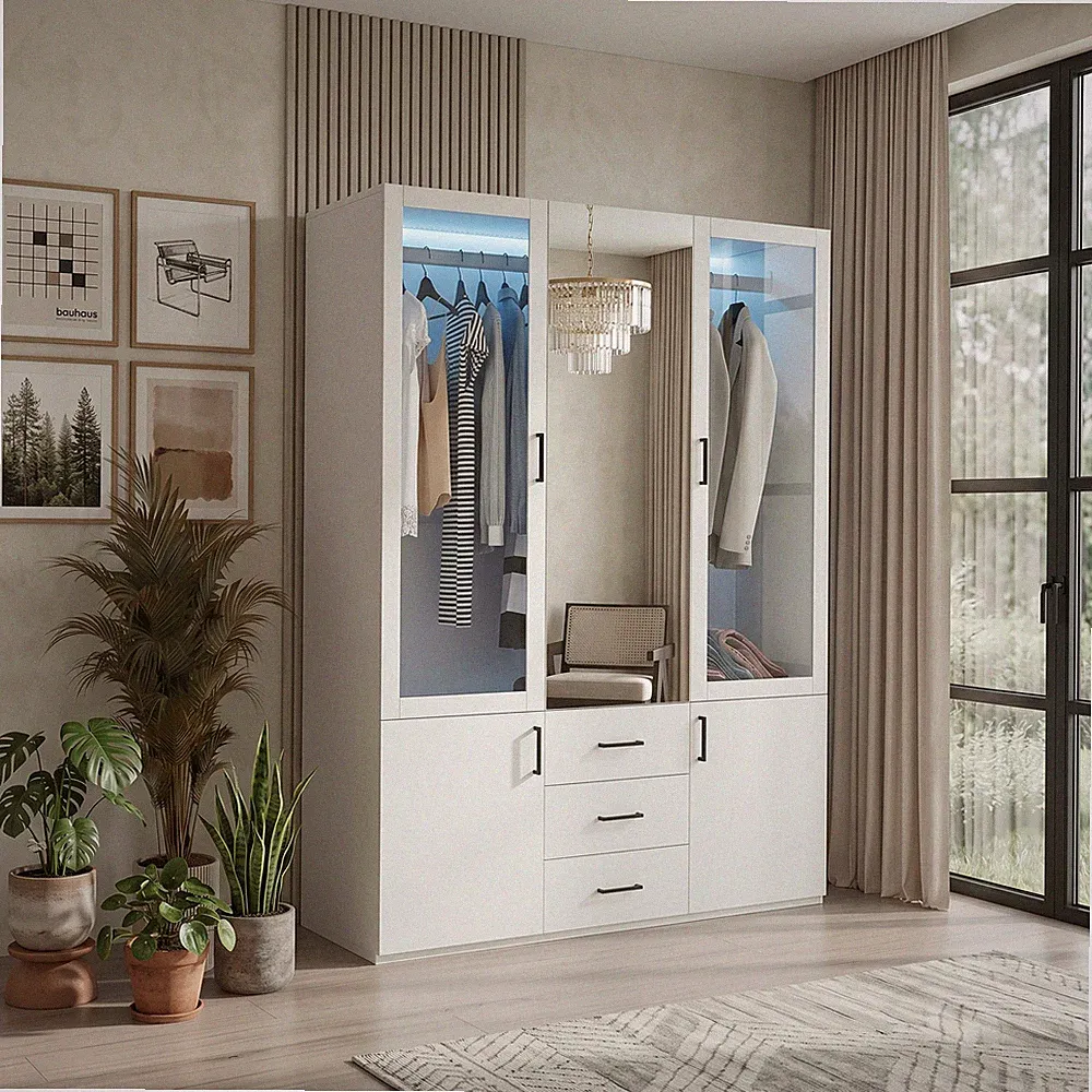 Garderobenschrank mit Spiegel LED Schrank Kleiderschrank 2 türig Weiß Hochglanz
