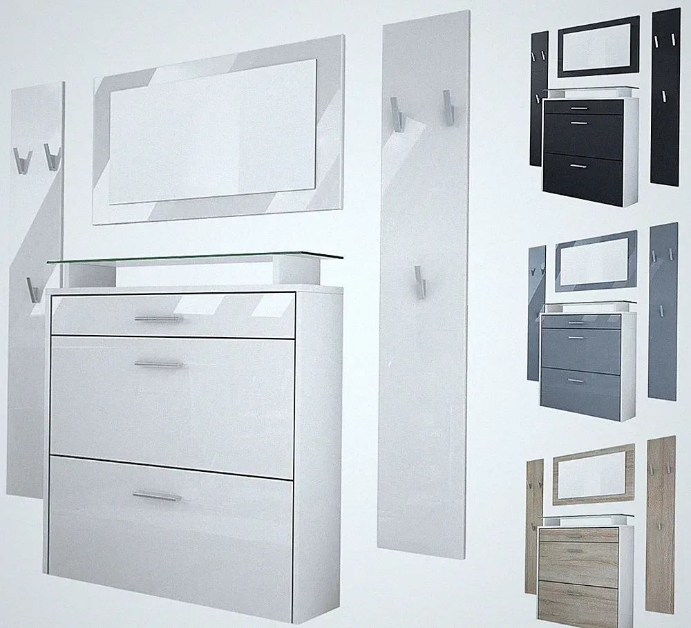 Garderobenset Garderobe Paneele Schuhschrank Spiegel Malea Weiß matt