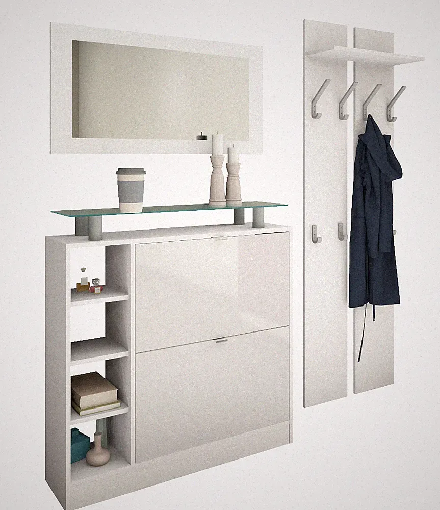 Garderobenset Schuhschrank Paneel Spiegel Weiß Sparset 3-teilig DOLLY