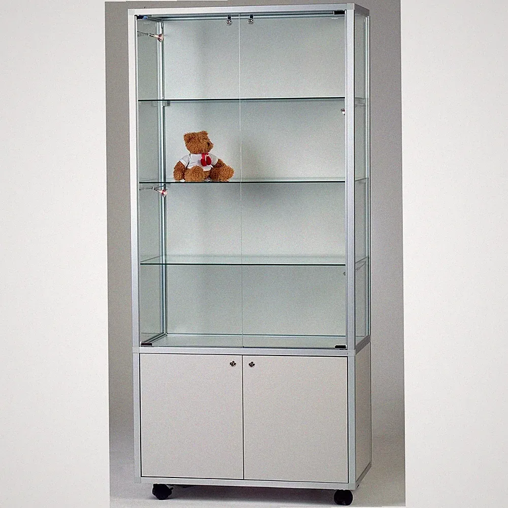 Glasvitrine Alu Unterschrank 80 cm Vitrinenschrank beleuchtet Spiegel Schloss