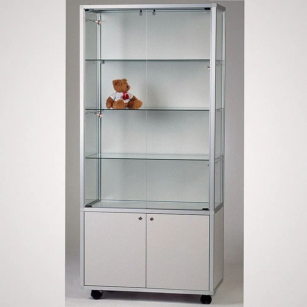 Glasvitrine Alu Unterschrank 80 cm Vitrinenschrank beleuchtet Spiegel Schloss