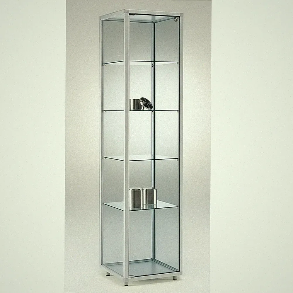 Glasvitrine C abschließbar 40 cm Alu Vitrinenschrank beleuchtet Rollen Spiegel