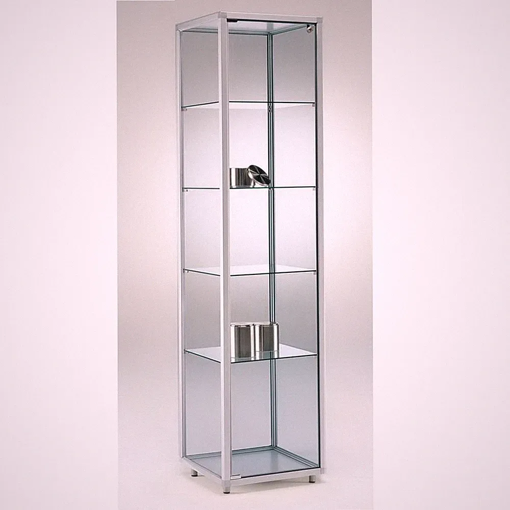 Glasvitrine C abschließbar 50 cm Alu Vitrinenschrank beleuchtet Rollen Spiegel