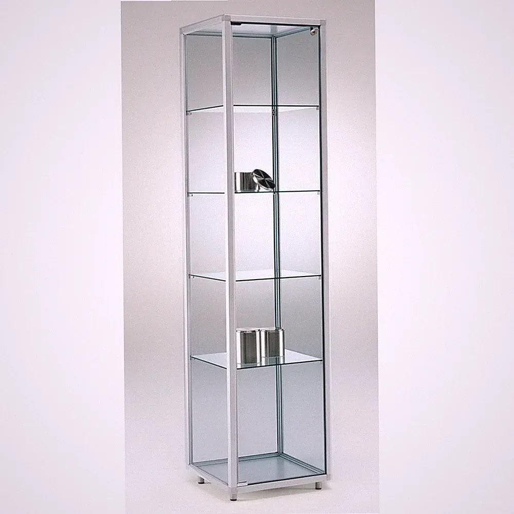 Glasvitrine C abschließbar 50 cm Alu Vitrinenschrank beleuchtet Rollen Spiegel