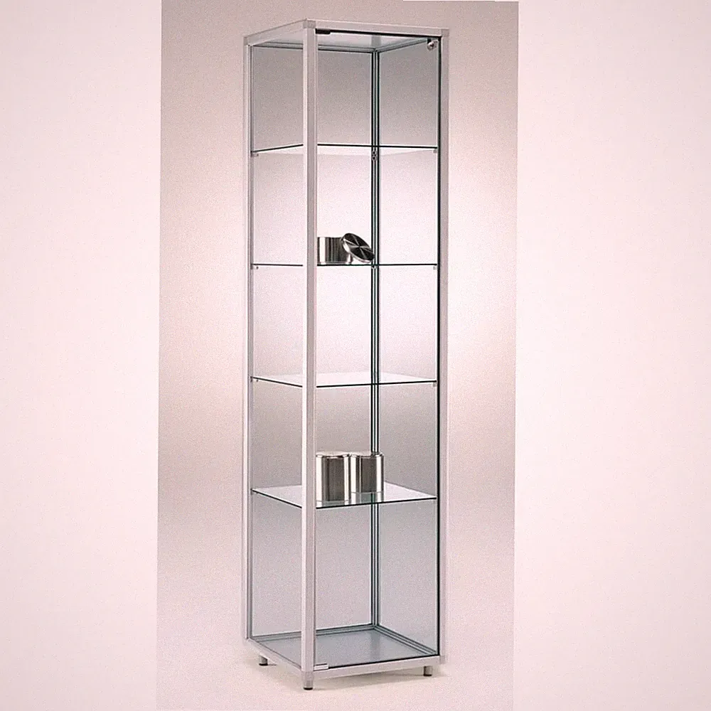 Glasvitrine C abschließbar 50 cm Alu Vitrinenschrank beleuchtet Rollen Spiegel