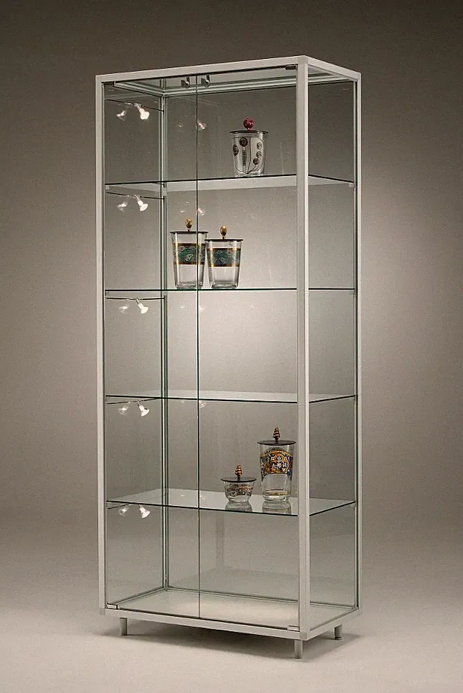 Glasvitrine C abschließbar 80 cm Alu Vitrinenschrank beleuchtet Rollen Spiegel