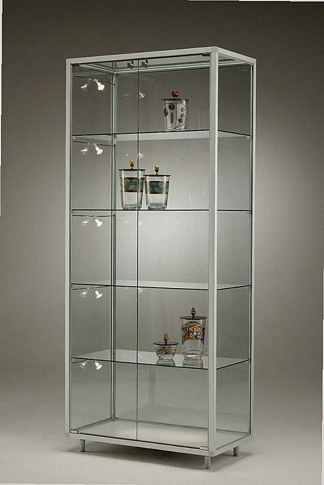 Glasvitrine C abschließbar 80 cm Alu Vitrinenschrank beleuchtet Rollen Spiegel