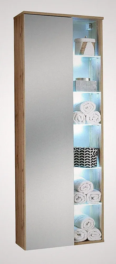 Hochschrank Badezimmerschrank Spiegel LED-Beleuchtung Wildeiche Dekor 55x160 cm