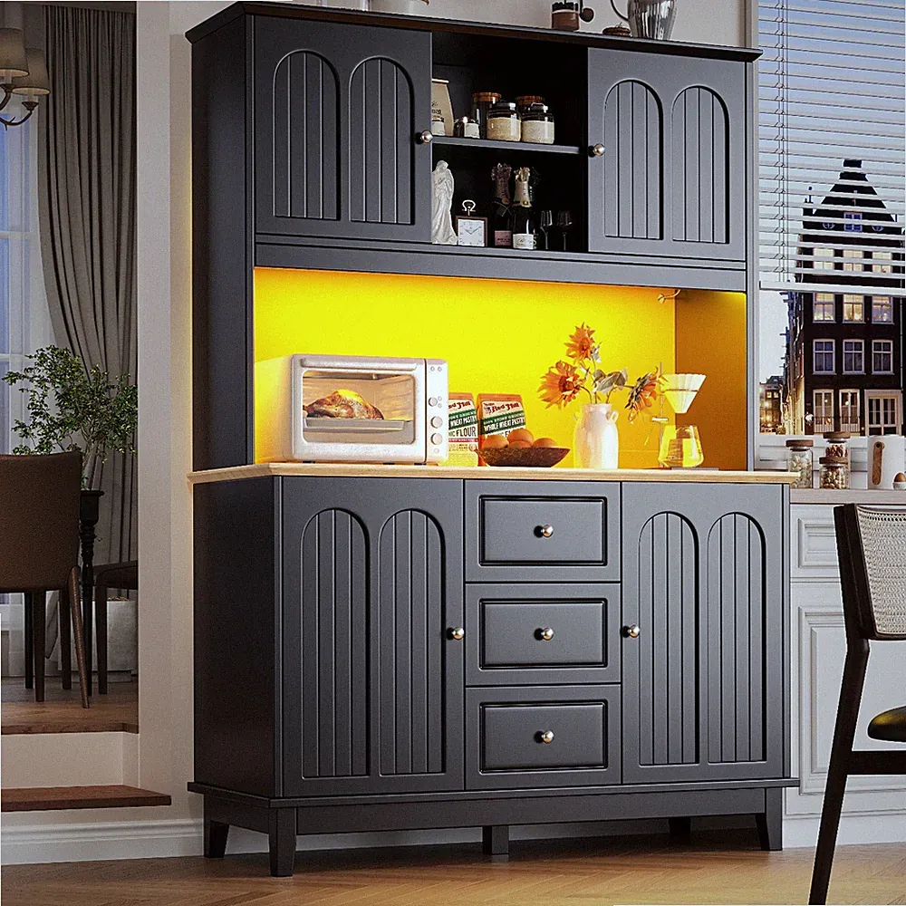 Hochschrank Küchen Vitrinen Schrank mit LED Musik-Lichtfunktion 4Tür 3 Schublade