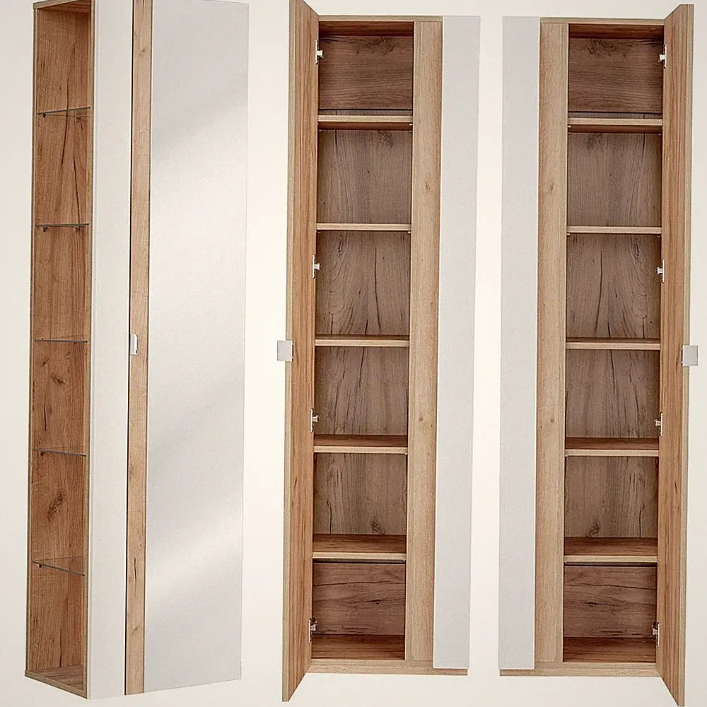 Hochschrank m. Spiegel weiß Hochglanz Eiche Badezimmerschrank Badmöbel Highboard