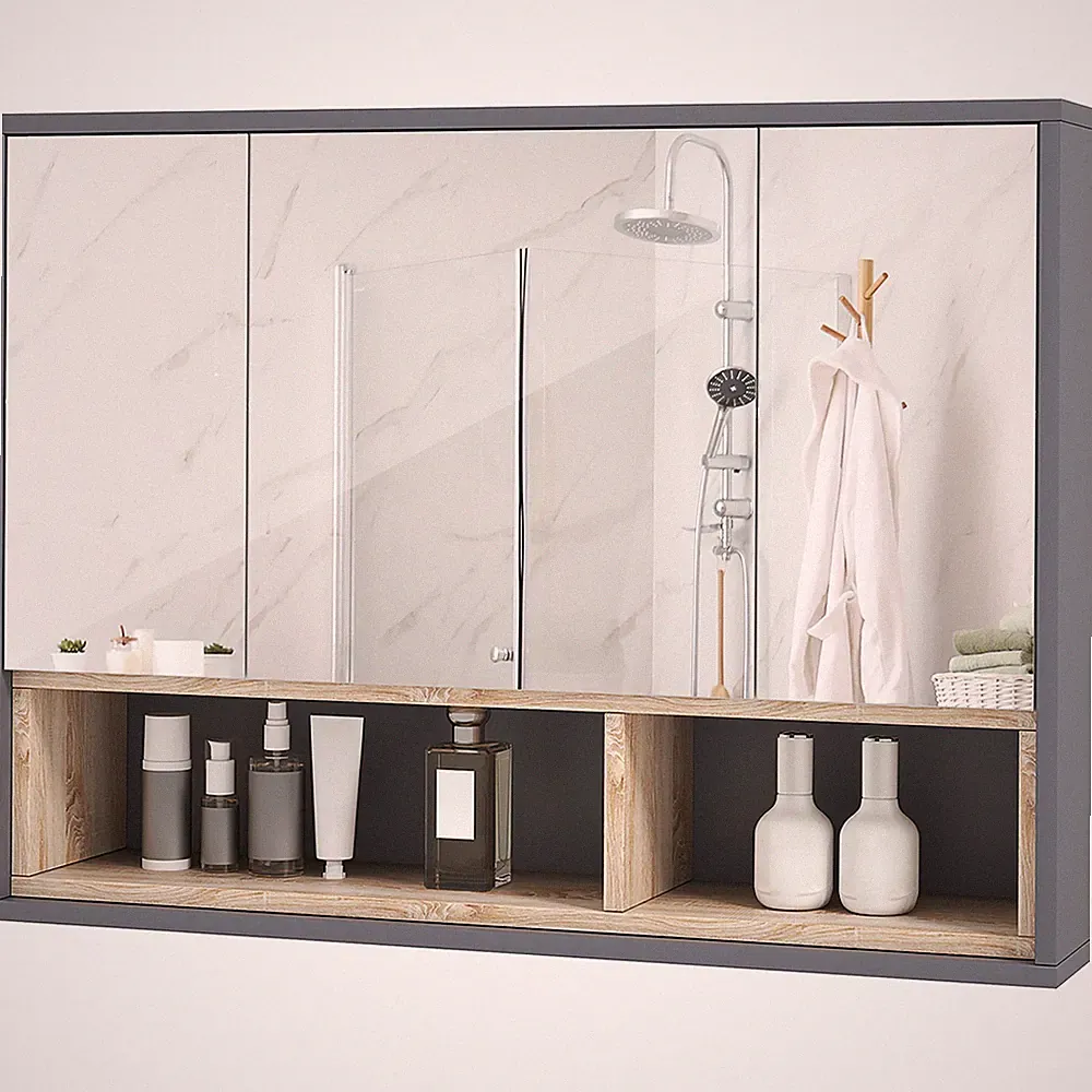 HOMCOM Badschrank Wandmontage Spiegel Aufbewahrung mit Ablagen Grau