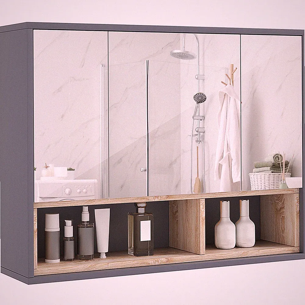 HOMCOM Badschrank Wandmontage Spiegel Aufbewahrung mit Ablagen Grau