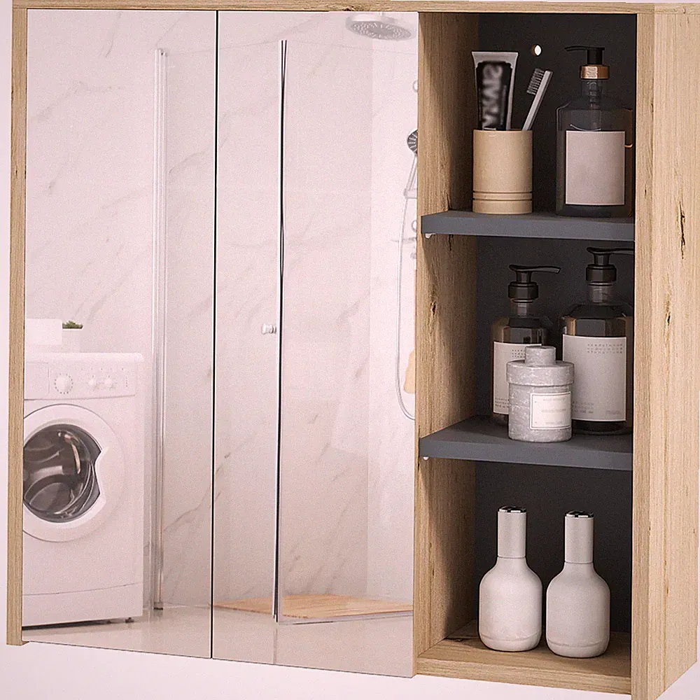 HOMCOM Badschrank Wandmontage Spiegel Aufbewahrung mit Ablagen Natur