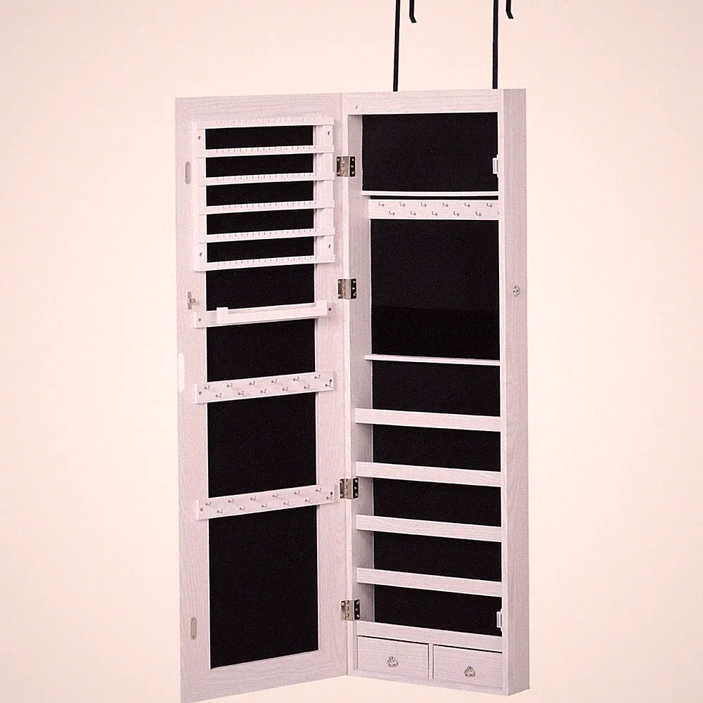 HOMCOM hängende verspiegelte Schmuck Aufbewahrung Schrank Organizer abschließbar mit 6 LED weiß